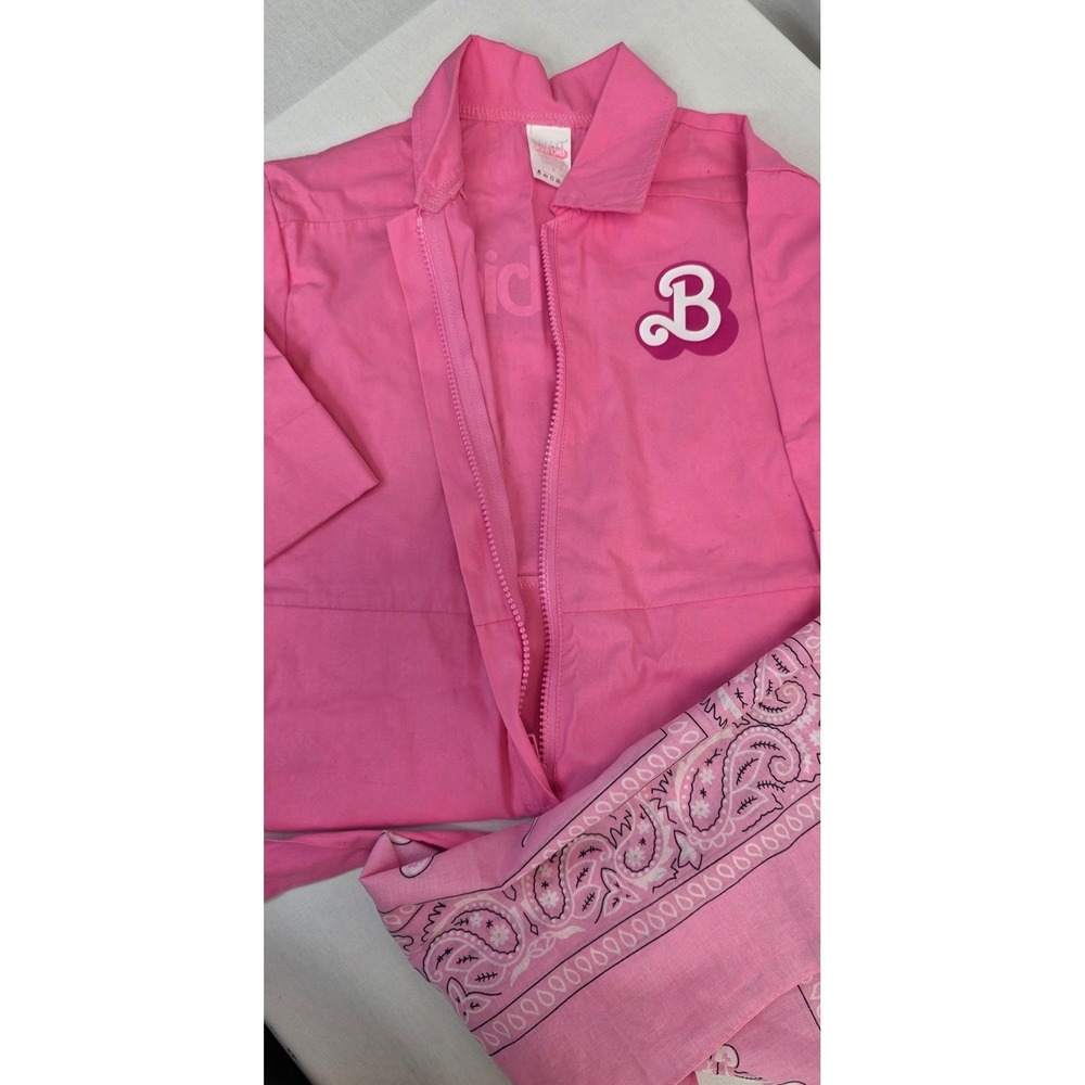 Barbie The Movie Pink Jumpsuit Costume Kids Small 2023 Movie Logo with Bandana